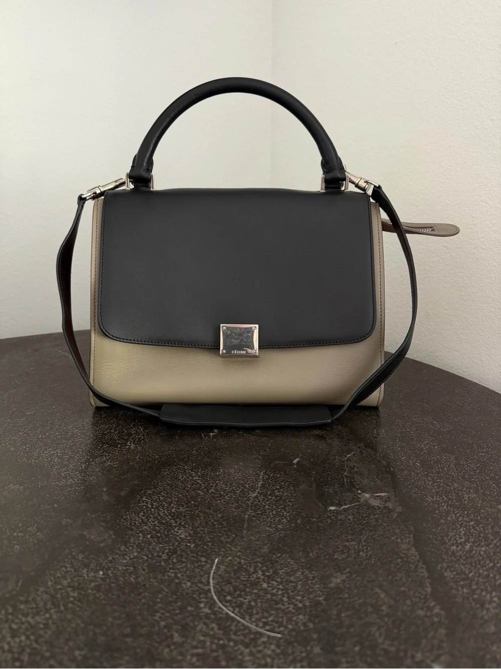 Celine Leather Top-Handle Trapeze Bag in Black, Taupe & Orange - Pre-Loved - Picture 2 of 13